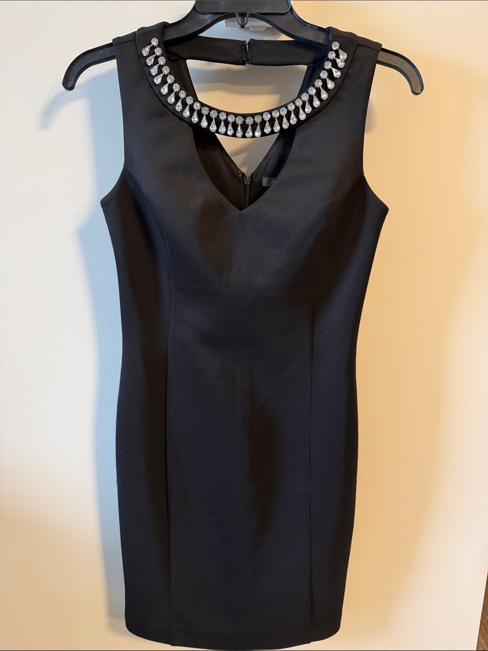 Suzy Shier Black Mini Dress with Crystal-Embellished Neckline